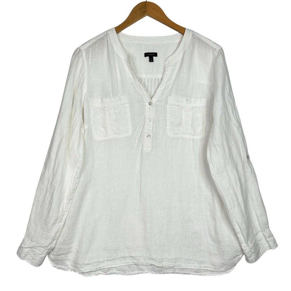 Talbots 100% Linen Blouse Women L White Popover Roll Tab Sleeve Coastal Tunic